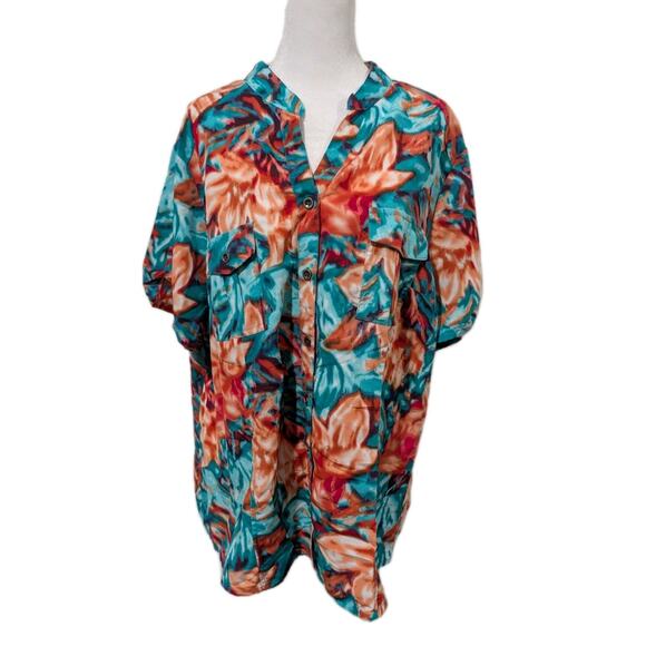 Laura Scott Woman Plus Size 20/22 Colorful Top Button Up Multicolor Floral EUC - Picture 1 of 15